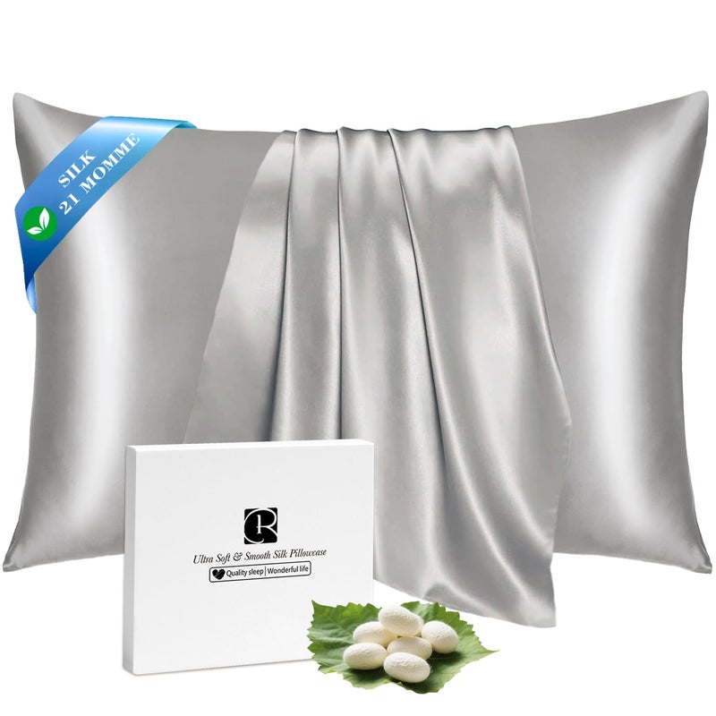 Ravmix Silk Pillow Cases with Zipper, 21momme Mulberry Silk Pillowcase for Hair Skin Health, Soft Smooth Breathable Cool Pillow Cover for Beauty Sleep with Gift Box(Standard 20"x26", Apricot Gray) 1PC - Image 1
